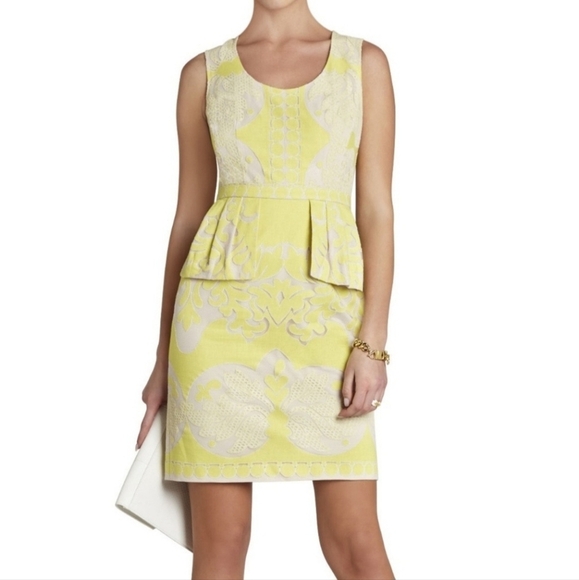 BCBGMaxAzria Etna Lace Peplum Sheath Dress Size 6 Neon Yellow Sleeveless Mini - Picture 2 of 11